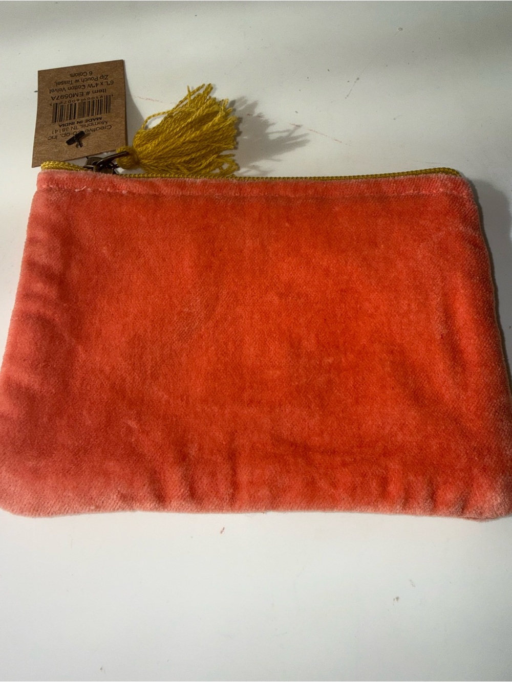 Creative Co-Op Velvet Zip Pouch with Mustard Tassel - Coral